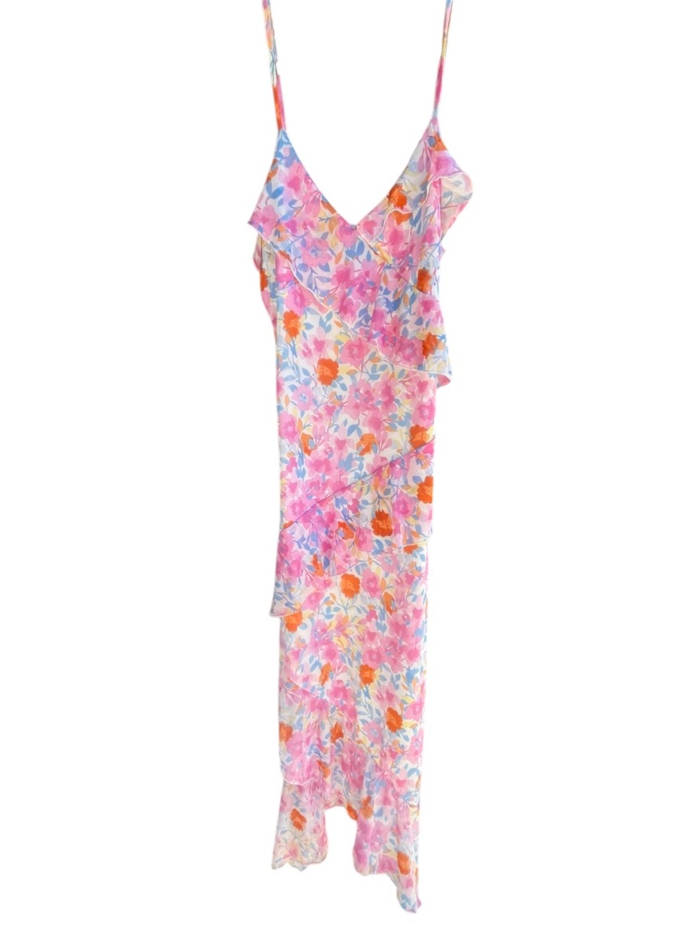 No Comment Floral Mesh Midi Dress Asymmetrical Hem Ruffle Size L - Picture 4 of 9